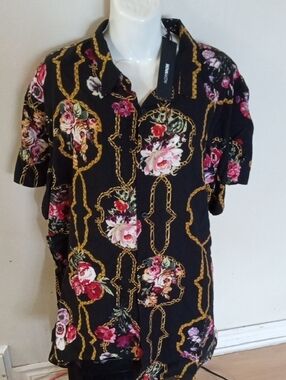 Men's Casual Black Floral Button-Down Shirt